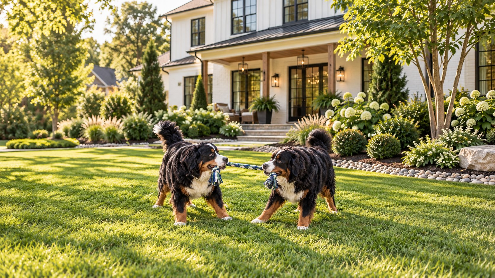 Two Bernese mountain dogs playing tug of war on a landscaped lawn beside a white home