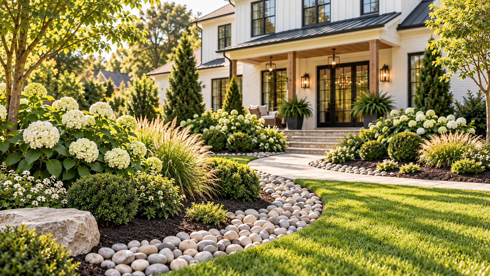 Exquisite home landscape with a river-rock garden and sweeping walkway