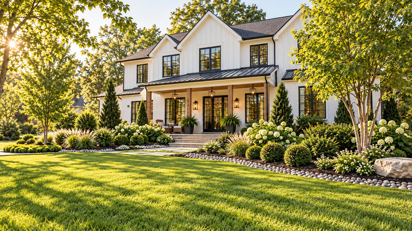 White home with black windows, black mulch, river rock, and layered flowering garden beds